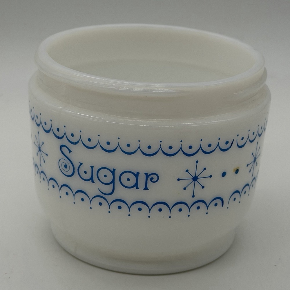 VTG GEMCO Milk Glass Blue Snowflake Garland Pattern Sugar‎ Container Atomic MCM - Picture 3 of 7